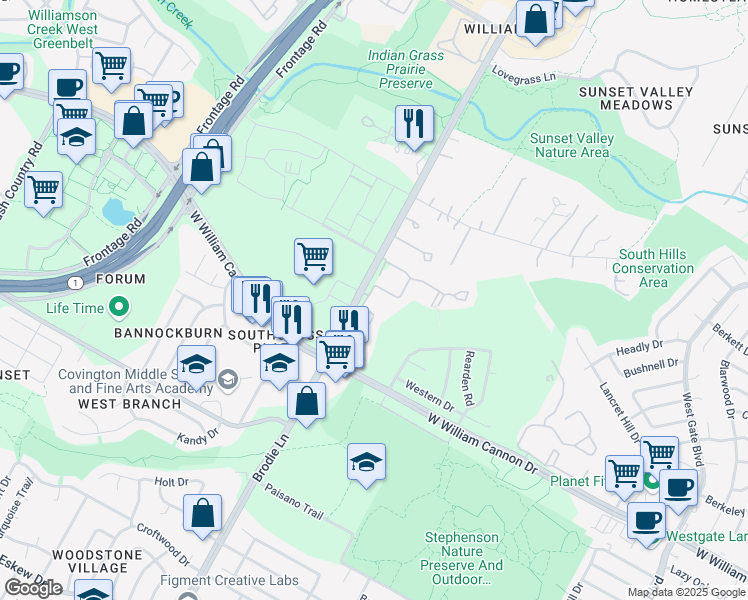 map of restaurants, bars, coffee shops, grocery stores, and more near 6701 Brodie Lane in Austin