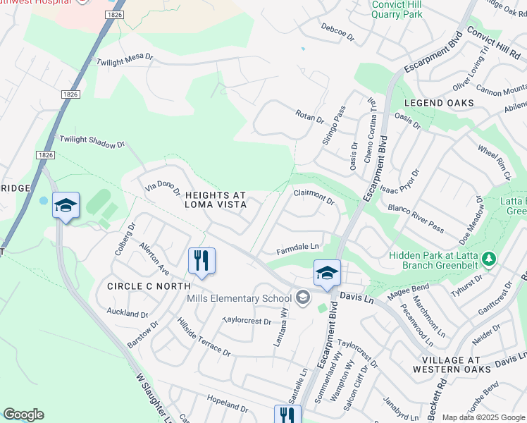 map of restaurants, bars, coffee shops, grocery stores, and more near 6605 Via Correto Drive in Austin