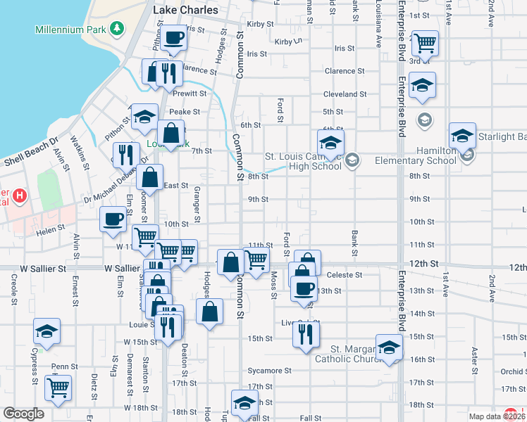 map of restaurants, bars, coffee shops, grocery stores, and more near 698 Rich St in Lake Charles