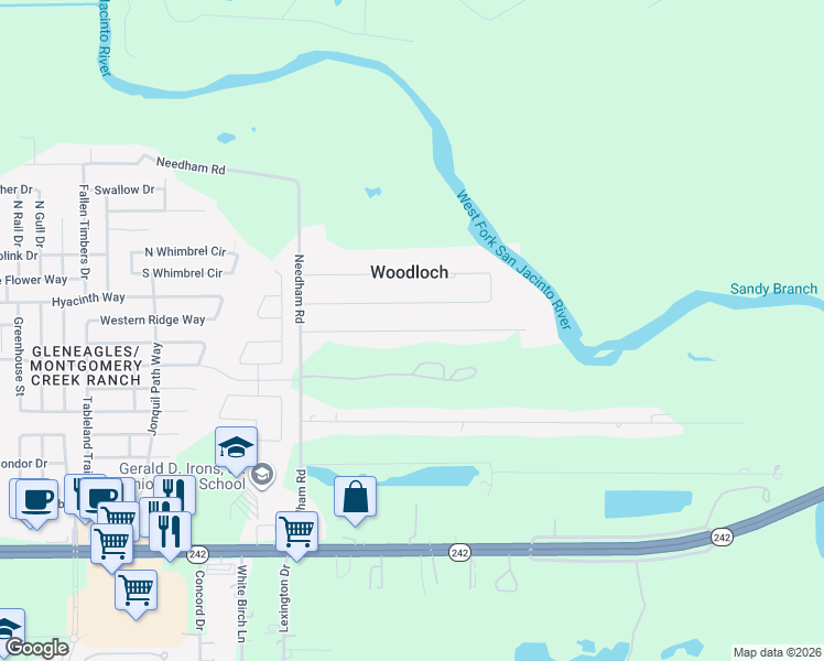map of restaurants, bars, coffee shops, grocery stores, and more near 2534 River Ridge in Conroe