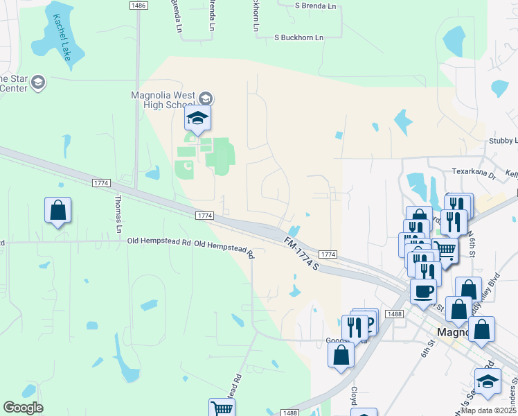 map of restaurants, bars, coffee shops, grocery stores, and more near 41854 Farm to Market 1774 in Magnolia
