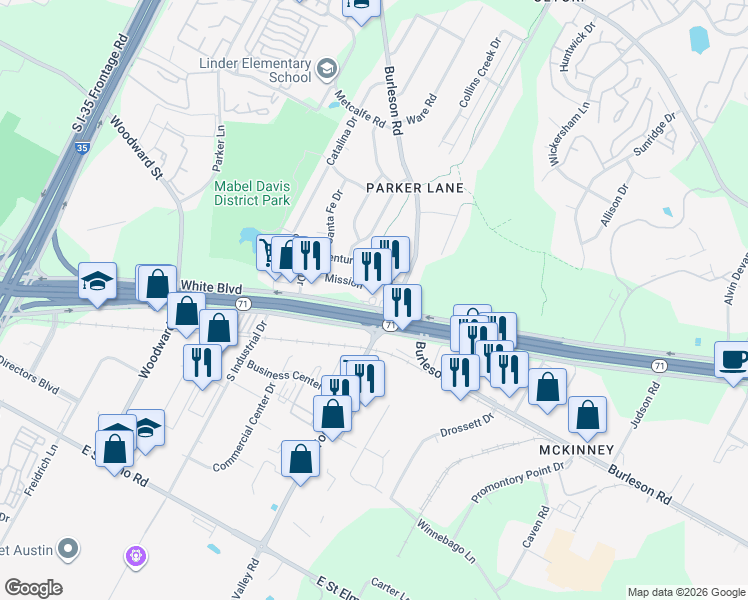 map of restaurants, bars, coffee shops, grocery stores, and more near 2506 East Ben White Boulevard in Austin
