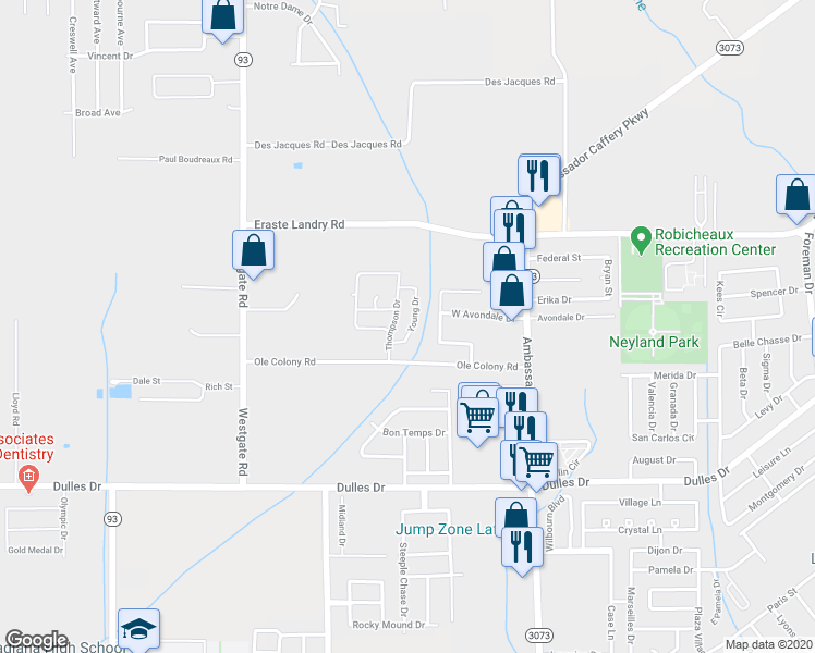 map of restaurants, bars, coffee shops, grocery stores, and more near 205 Young Drive in Lafayette
