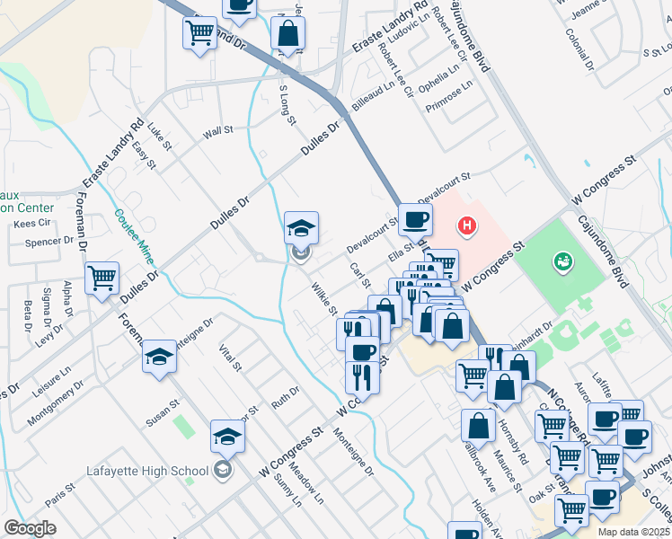 map of restaurants, bars, coffee shops, grocery stores, and more near 310 Ella Street in Lafayette