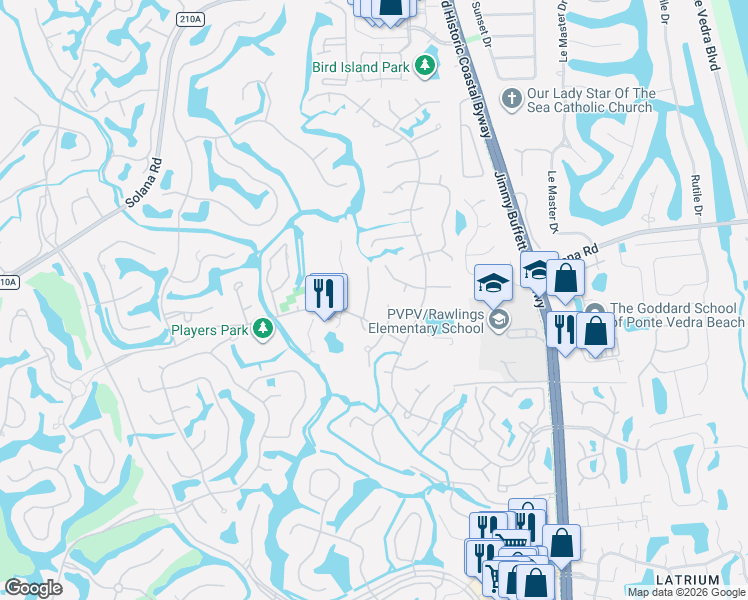 map of restaurants, bars, coffee shops, grocery stores, and more near 605 Alhambra Lane North in Ponte Vedra Beach