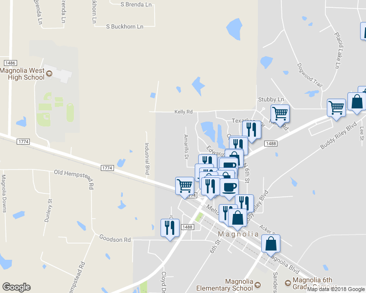 map of restaurants, bars, coffee shops, grocery stores, and more near 223 Amarillo Drive in Magnolia