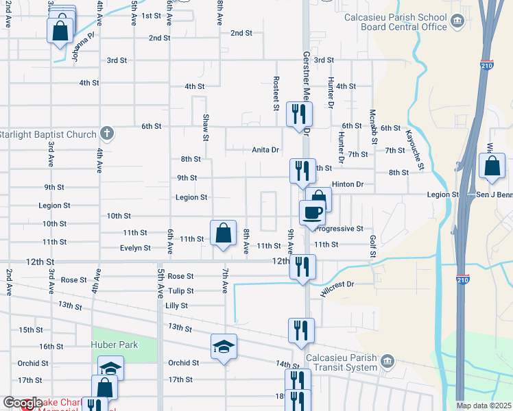 map of restaurants, bars, coffee shops, grocery stores, and more near 1745 Broadmoor Dr in Lake Charles