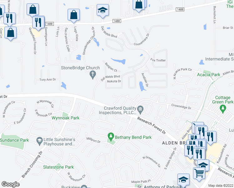map of restaurants, bars, coffee shops, grocery stores, and more near 10 Timberlea Place in Spring