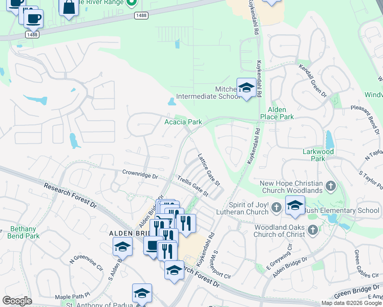 map of restaurants, bars, coffee shops, grocery stores, and more near 46 Pipers Meadow Street in Spring
