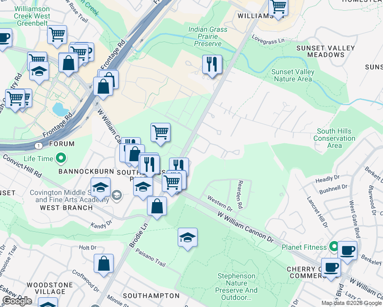 map of restaurants, bars, coffee shops, grocery stores, and more near 6701 Brodie Lane in Austin