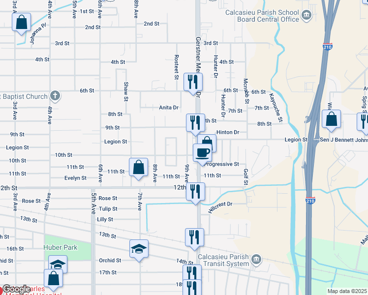 map of restaurants, bars, coffee shops, grocery stores, and more near 1716 9th Ave in Lake Charles