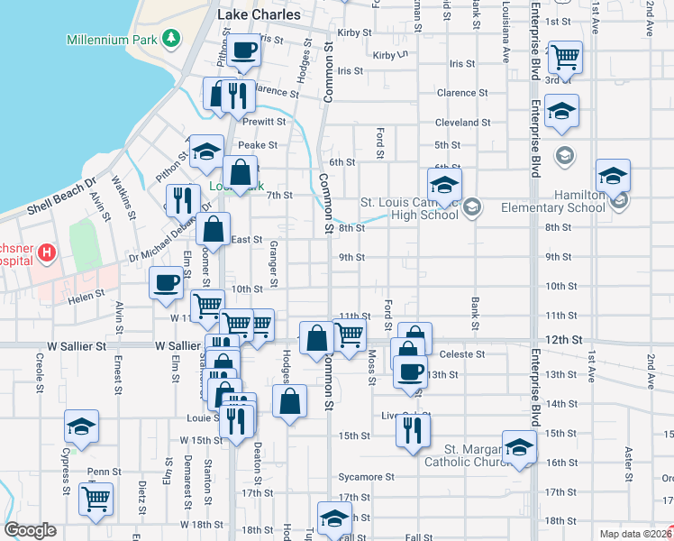 map of restaurants, bars, coffee shops, grocery stores, and more near 600-698 Rich Street in Lake Charles