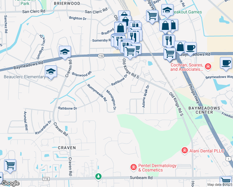 map of restaurants, bars, coffee shops, grocery stores, and more near 9076 Moorgate Court in Jacksonville