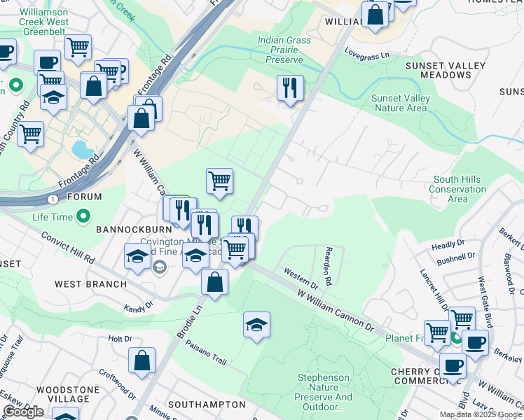 map of restaurants, bars, coffee shops, grocery stores, and more near 6701 Brodie Lane in Austin