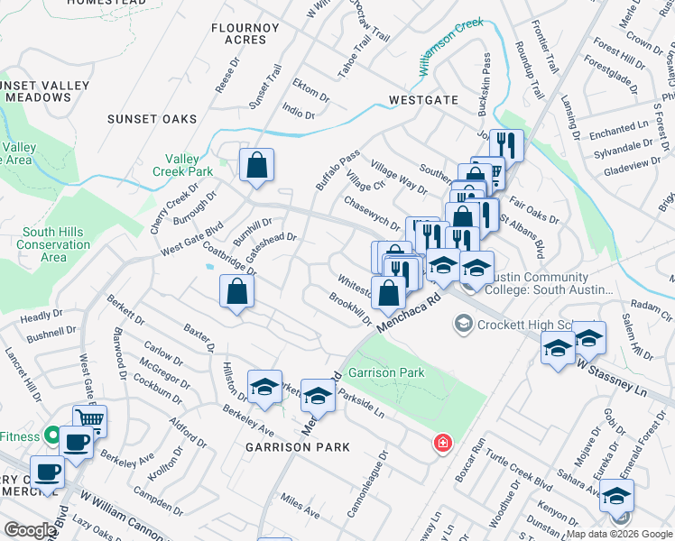 map of restaurants, bars, coffee shops, grocery stores, and more near 2300 Whitestone Drive in Austin