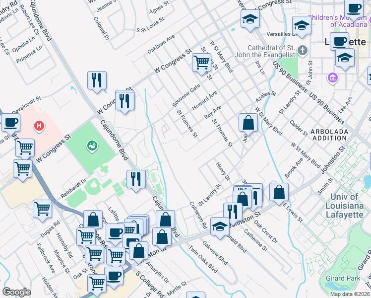 map of restaurants, bars, coffee shops, grocery stores, and more near 956 Azalea Street in Lafayette