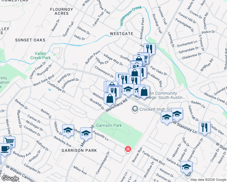 map of restaurants, bars, coffee shops, grocery stores, and more near 5738 Menchaca Road in Austin