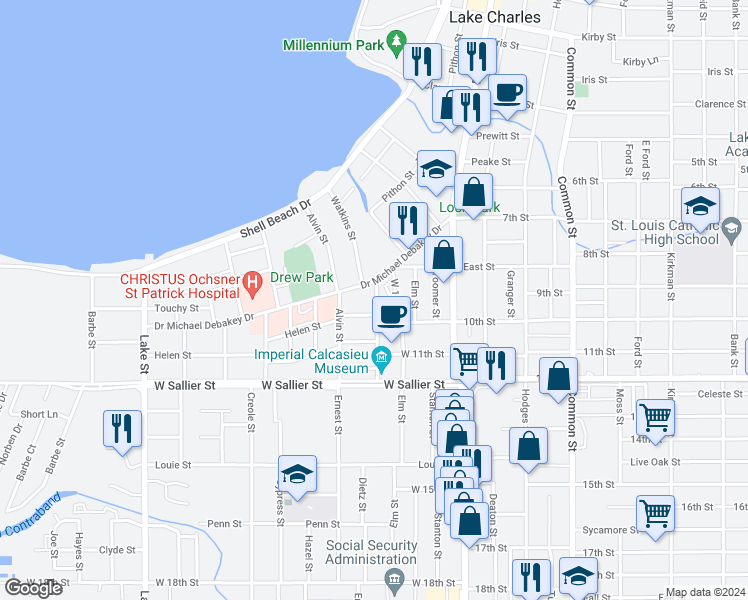 map of restaurants, bars, coffee shops, grocery stores, and more near 1710 Ethel Street in Lake Charles