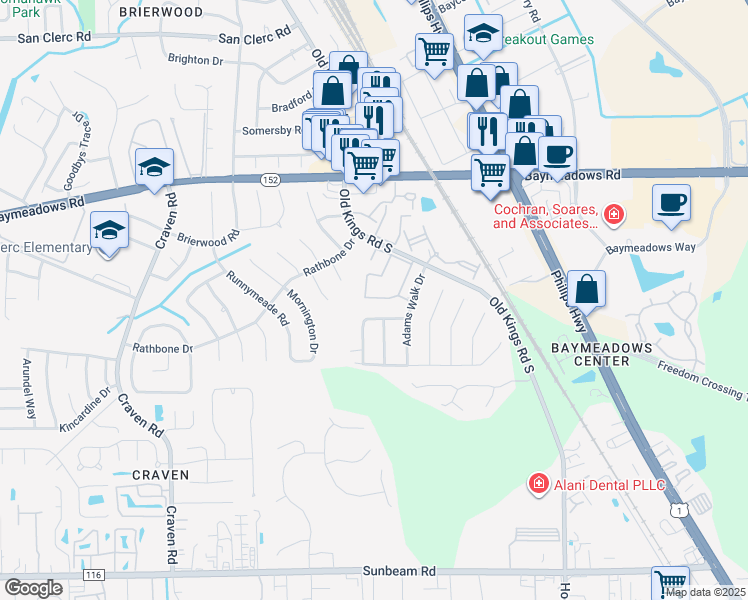 map of restaurants, bars, coffee shops, grocery stores, and more near 8880 Old Kings Road South in Jacksonville