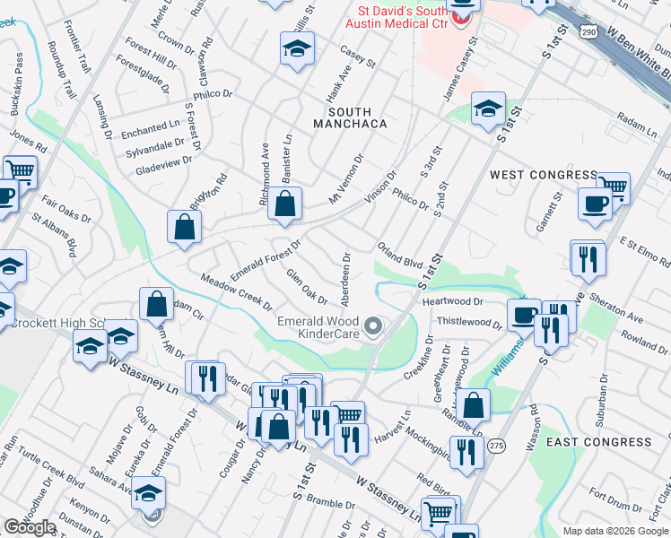 map of restaurants, bars, coffee shops, grocery stores, and more near 803 Cardiff Drive in Austin