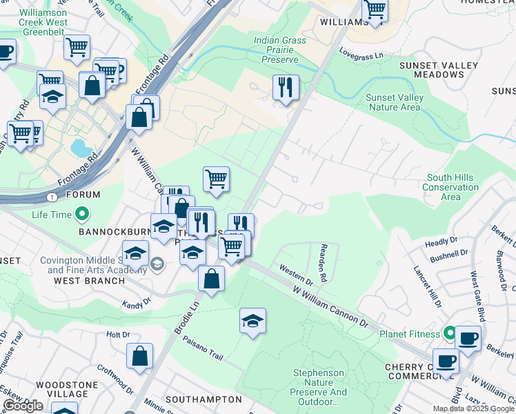 map of restaurants, bars, coffee shops, grocery stores, and more near 6701 Brodie Lane in Austin