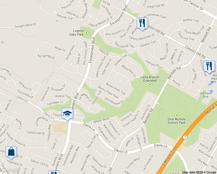 map of restaurants, bars, coffee shops, grocery stores, and more near 6001 Brown Rock Trail in Austin