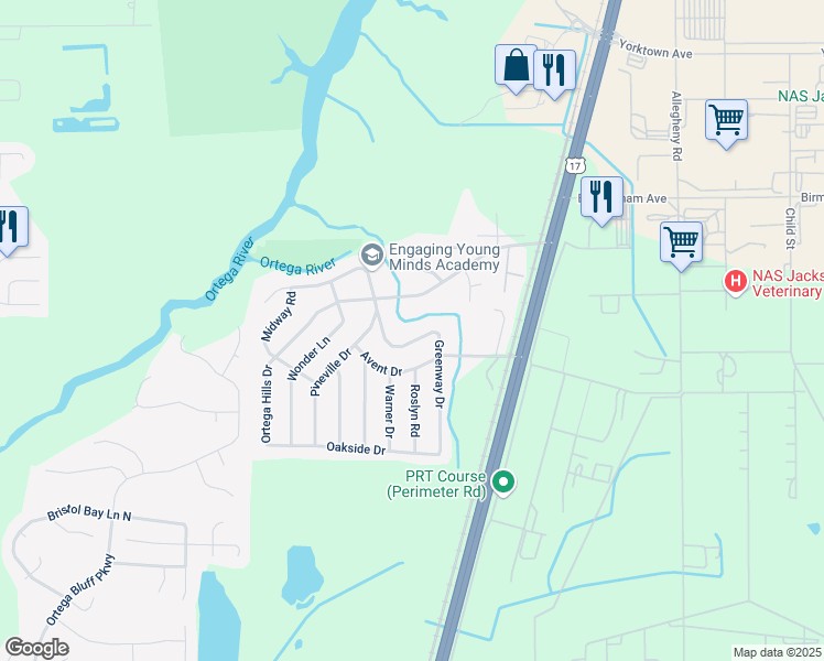 map of restaurants, bars, coffee shops, grocery stores, and more near 7331 Greenway Drive in Jacksonville