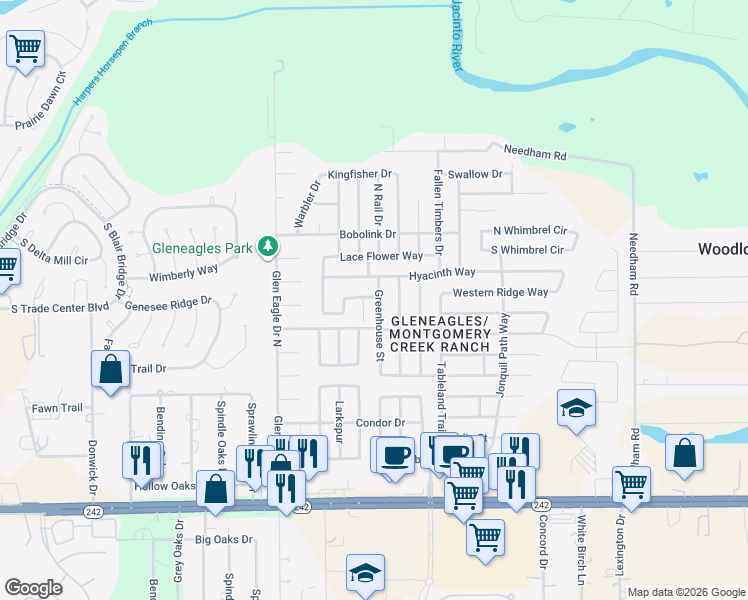 map of restaurants, bars, coffee shops, grocery stores, and more near 18708 Expedition Trail in Conroe