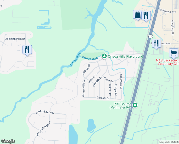 map of restaurants, bars, coffee shops, grocery stores, and more near 7310 Ortega Hills Drive in Jacksonville