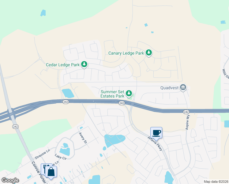 map of restaurants, bars, coffee shops, grocery stores, and more near 16213 North View Court in Conroe
