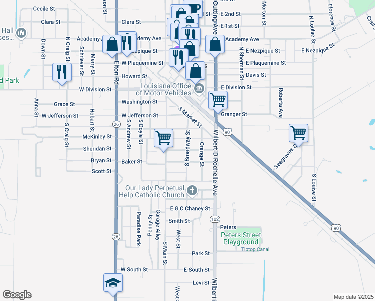 map of restaurants, bars, coffee shops, grocery stores, and more near 201 East Sumner Street in Jennings