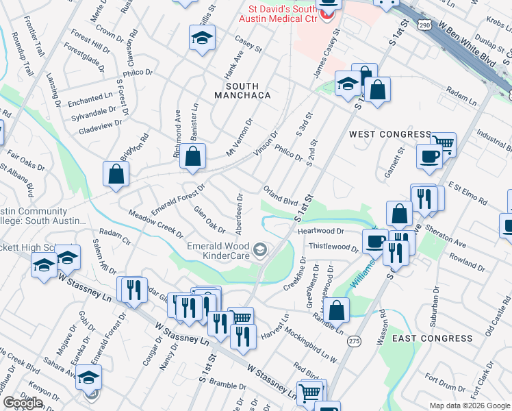 map of restaurants, bars, coffee shops, grocery stores, and more near 4901 Aberdeen Circle in Austin
