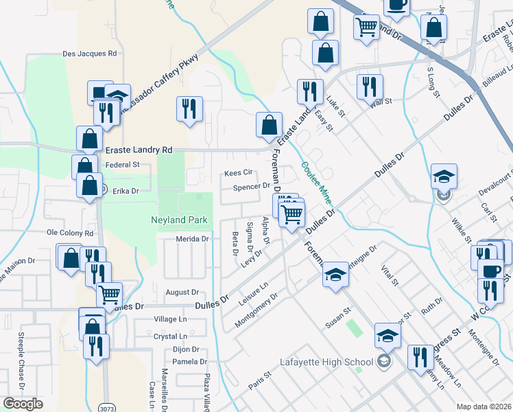 map of restaurants, bars, coffee shops, grocery stores, and more near 106 Belle Chasse Drive in Lafayette