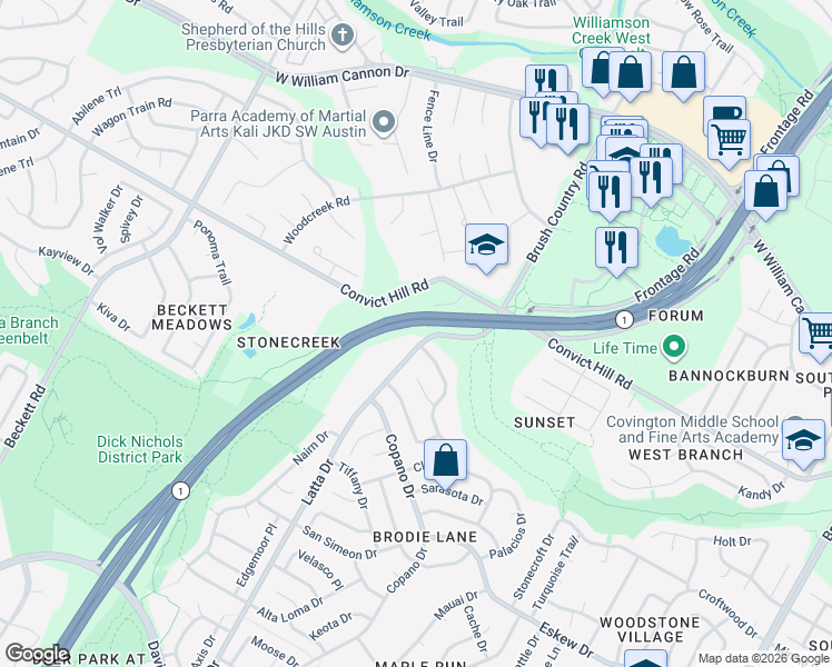 map of restaurants, bars, coffee shops, grocery stores, and more near 7406 Latta Drive in Austin