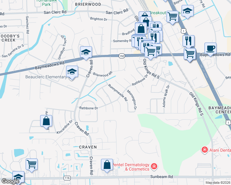 map of restaurants, bars, coffee shops, grocery stores, and more near 9068 Runnymeade Road in Jacksonville