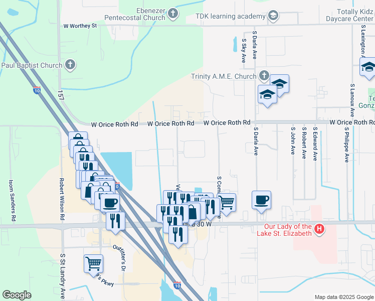 map of restaurants, bars, coffee shops, grocery stores, and more near 2020 South Veterans Boulevard in Gonzales