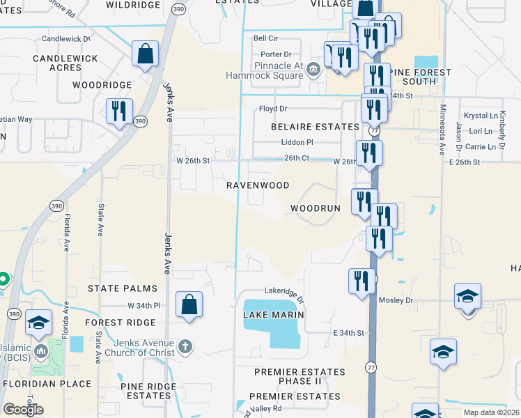 map of restaurants, bars, coffee shops, grocery stores, and more near 2725 Ravenwood Court in Lynn Haven