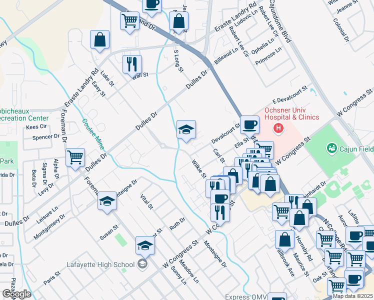 map of restaurants, bars, coffee shops, grocery stores, and more near 320 Devalcourt Street in Lafayette