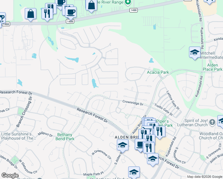 map of restaurants, bars, coffee shops, grocery stores, and more near 54 Camber Pine Place in Spring