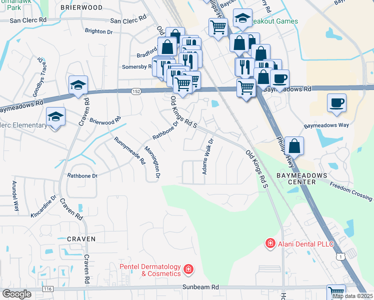 map of restaurants, bars, coffee shops, grocery stores, and more near 8880 Old Kings Road South in Jacksonville