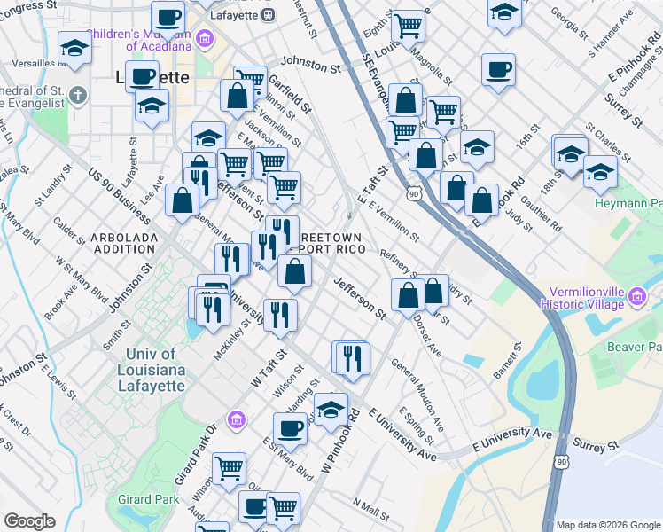 map of restaurants, bars, coffee shops, grocery stores, and more near 1816 Jefferson Street in Lafayette