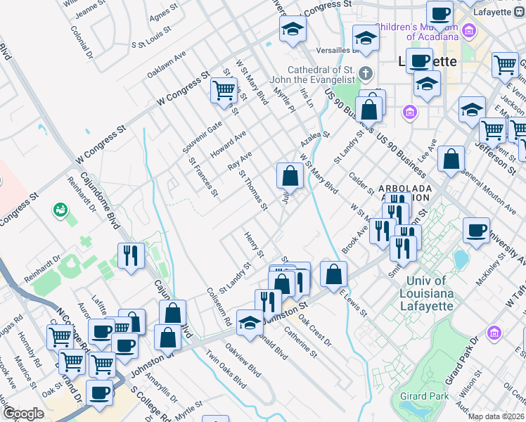 map of restaurants, bars, coffee shops, grocery stores, and more near 125 Saint Thomas Street in Lafayette