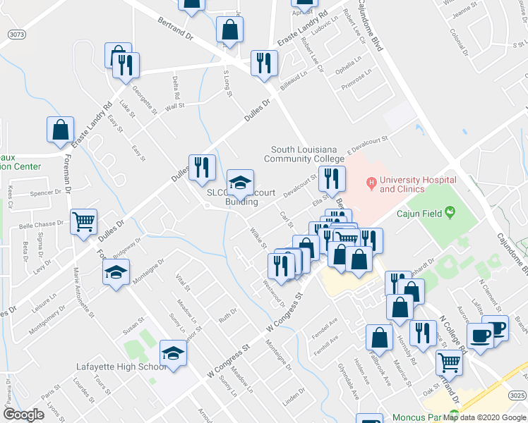 map of restaurants, bars, coffee shops, grocery stores, and more near 307 Devalcourt Street in Lafayette
