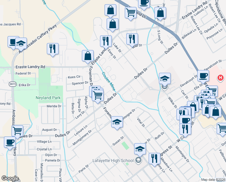 map of restaurants, bars, coffee shops, grocery stores, and more near 103 Ashville Lane in Lafayette