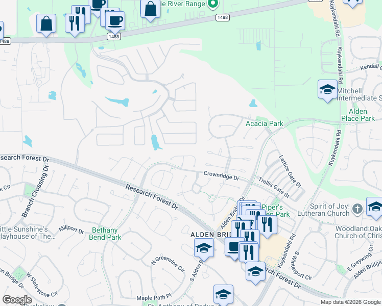 map of restaurants, bars, coffee shops, grocery stores, and more near 54 Camber Pine Place in Spring