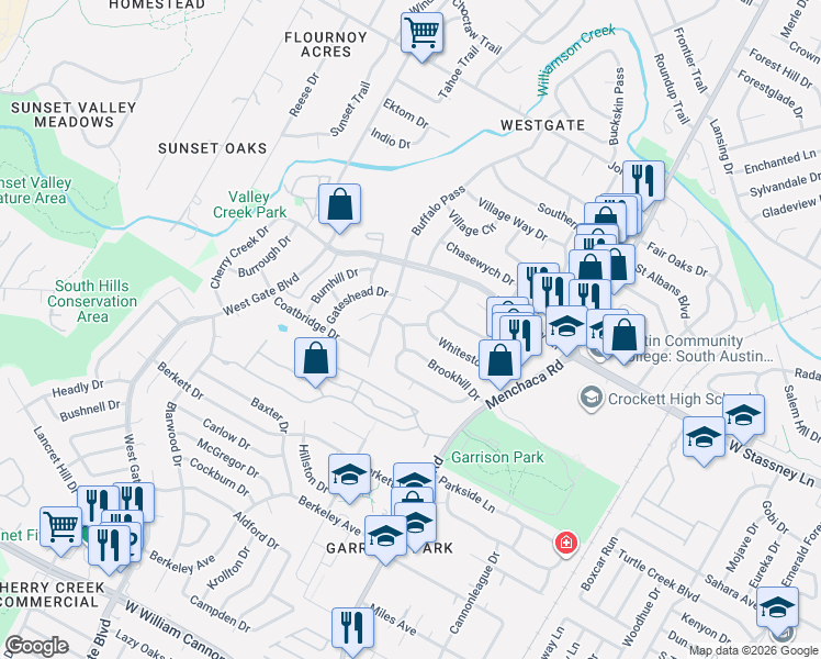 map of restaurants, bars, coffee shops, grocery stores, and more near 2303 Berwyn Lane in Austin