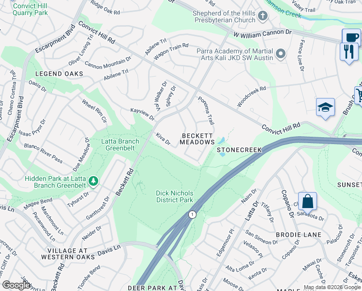 map of restaurants, bars, coffee shops, grocery stores, and more near 7721 Kiva Drive in Austin