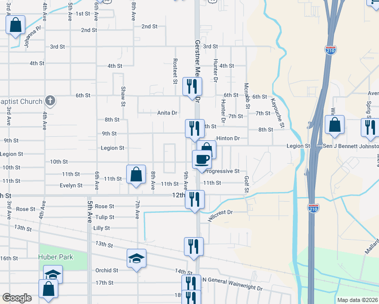 map of restaurants, bars, coffee shops, grocery stores, and more near 1716 9th Avenue in Lake Charles