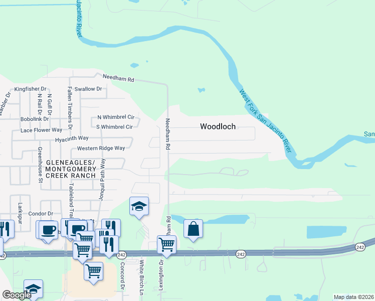 map of restaurants, bars, coffee shops, grocery stores, and more near 2513 River Ridge in Conroe