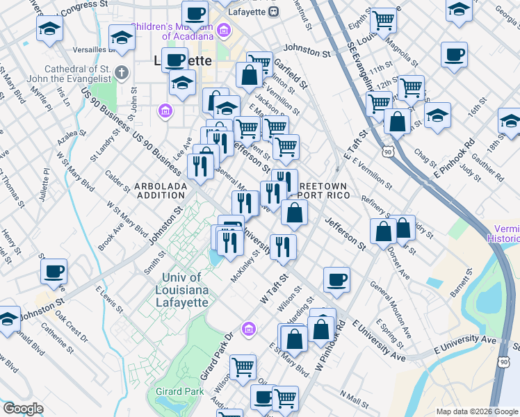 map of restaurants, bars, coffee shops, grocery stores, and more near 426 General Mouton Avenue in Lafayette